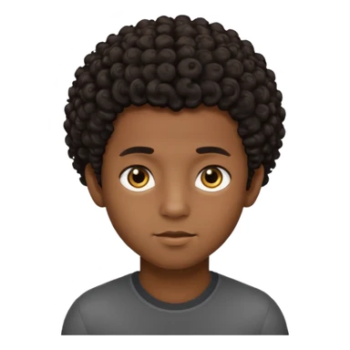 This avatar of black boy has tightly curly dark hair styled upward, a rounded face with golden-brown eyes, and a neutral expression sticker