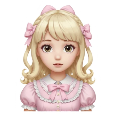 pale girl , who has curly medium length blonde and baby pink swirled hair with bangs , grey eyes , and doll like makeup , in a light pink lolita hime gyaru dress emoji | AI Emoji Generator black hair sticker