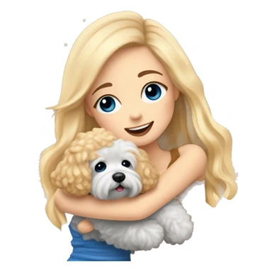 Blonde girl with long straight hair and blue eyes is hugging a small caramel maltipoo and they are celebrating a new year  sticker