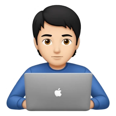 a fair man with black hair working on laptop , front view sticker