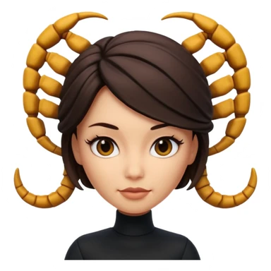 Scorpio zodiac signA 3D cartoon woman with a scorpion-shaped hairstyle, confident expression, smooth skin tone, Memoji-style. sticker