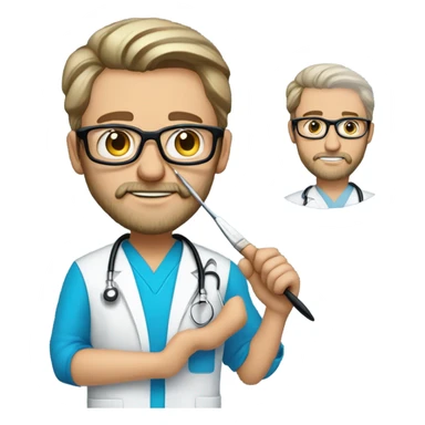 male dark blond haired doctor with grey van dyke beard with hazel eyes and small wire-rimmed glasses in blue scrubs holding a large paintbrush and jigsaw sticker
