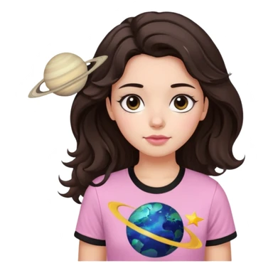 I want to design a girl with wavy hair that is dark brown, close to black And you wear a T-shirt Its color above the neck and sleeves is black The bottom is white, with a star and the planet Saturn on it Her eyes are also dark brown, and her cheeks are pink sticker