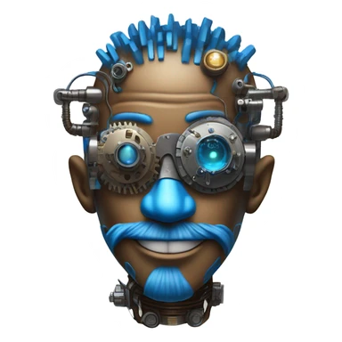 Brown cyborg head with blue Mohawk, blue beard, silver steampunk monocle goggles a smile and circuits sticker