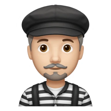 White Man with a dark grey goatee and a black newsboy cap. He is wearing a black and white striped shirt. He has dark black shadow  sticker