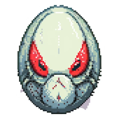 a strange large transparent alien egg, floating inside with a visible creature inside, embryo, embryonic, fetal shape, primordial, early growth, 3 glowing red eyes, illuminated from above, shining glass egg sticker