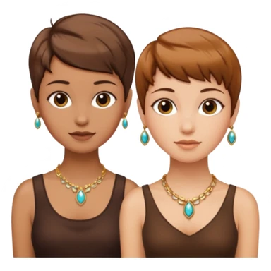 Fair skin and caramel colored besties with brown hair pixie cuts wearing jewelry  both brown hair  sticker