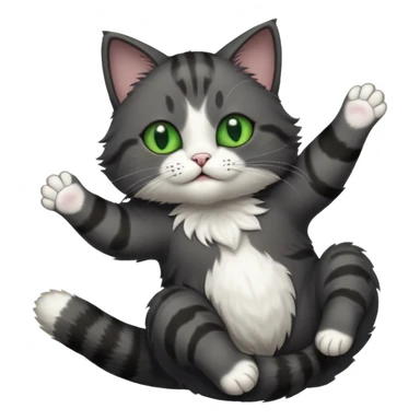 dark grey cat with green eyes, white toes/paws and white patch on her chest playfully rolling upside down sticker