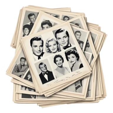 Icon for Autograph Collecting: several vintage framed with signatures of famous celebrities sheets stacked one on top of the other, each . The icon should evoke the charm and history of collecting autographs. Transparent background. sticker