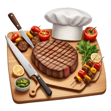 icon featuring a chef’s hat, a cutting board with fresh ingredients, a knife, a beautifully cooked ribeye steak, shashlik skewers, and a plate of food in the making. The design captures the passion of cooking with warm, inviting colors, and realistic textures. Transparent background. sticker