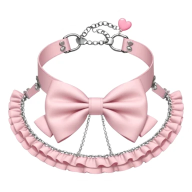 Pastel-baby-rose-pink Lolita-styled aesthetic cute kawaii choker-collar-necklace adorned with with white frills, roses, hearts, bow tie, silver chains,  sticker