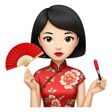 a chinese woman wearing a cheongsam holding a folding fan elegantly with fancy, red lipstick and short black hair sticker