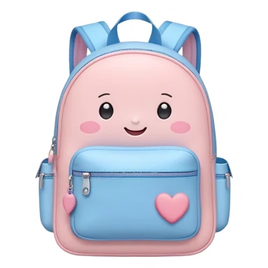 Cute Kawaii Backpack, round and chubby, soft pastel pink and blue, tiny heart-shaped zippers, blushing cheeks, a tiny smiling face, a happy school-time companion! sticker