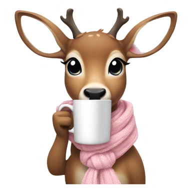 deer with a light pink scarf, wearing a light pink bow, holding a cup of coffee  sticker