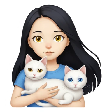 A girl with long black hair, fair-yellow skin, and brown eyes, wearing a white T-shirt, holding a white cat. The cat’s left eye is blue and its right eye is yellow. sticker