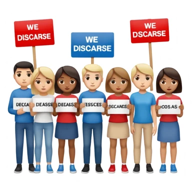 a crowd of people with unhappy faces and holding placards with the inscription: we disagree sticker