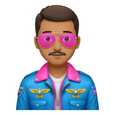 1980s cool man with stubble wearing reflective neon pink and blue aviator sunglasses and a pilot topgun jacket sticker