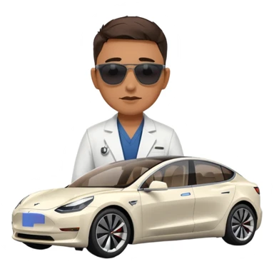 White tesla model 3 with a physician with sunglasses next to it sticker