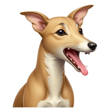 Cinematic Cute Yawning Fawn Greyhound Portrait Emoji, Head tilted slightly with a dramatic, wide-open yawn, showcasing a smooth fawn Fur with a refined finish, floppy ears slightly drooping, round eyes barely open in drowsy contentment, Simplified yet irresistibly adorable features, highly detailed, glowing with a soft, cozy glow, high shine, relaxed yet expressive, stylized with a touch of whimsy, bright and endearing, soft glowing outline, capturing the essence of a sleepy yet affectionate companion, so drowsy it feels like it could stretch out of the screen and curl up for a nap! sticker