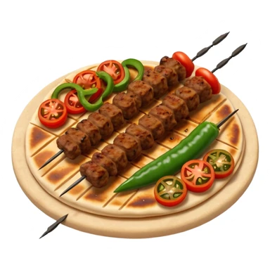 Adana kebab object icon, spicy grilled minced meat skewer, served on flatbread, grilled tomatoes and green peppers on the side, smoky char marks, juicy texture, 3D cartoon, mobile game icon style, centered, clean background, no text, no watermark
 sticker