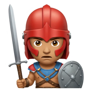 Emoji portrait of an entertainment slave (gladiator). He has an angry expression and wears a helmet, holding a short sword. sticker
