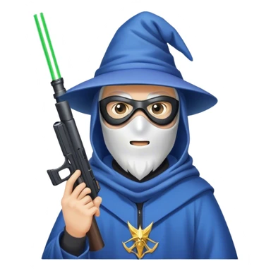 wizard with ski mask on and gun with laser beam sticker