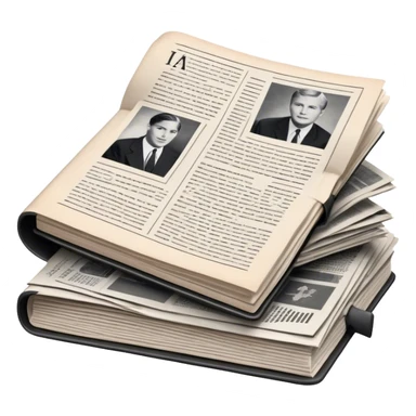 Icon for Non-Fiction & Narrative Reading: an open book with black-and-white photos on the pages, surrounded by a pile of newspaper clippings, and an open folder with top-secret documents. The icon should reflect the blend of real stories and facts in non-fiction literature. Transparent background. sticker