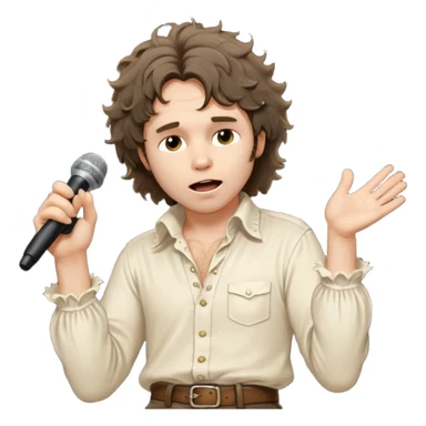 solarpunk realistic ultra HD - a thoughtful, messy, shaggy Jim Morrison in an ivory Victorian shirt, in an ecstatic dramatic pose, singing on stage sticker