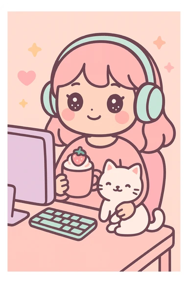 kawaii style chill girl sitting at a computer table, listening to music with headphones, holding a cup of strawberry cappuccino, her cute white cat sitting on her lap, pastel colors, cozy atmosphere, simple background sticker