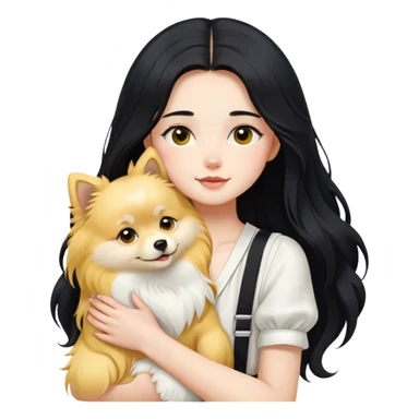 A girl with fair skin, long black hair, white suspenders, hugging a pure yellow long-haired Pomeranian sticker