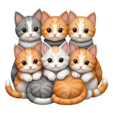 6 tiny kittens cuddling together all various different natural colours including solid grey with white mittens, grey and white, ginger and white, calico, and brown and white sticker