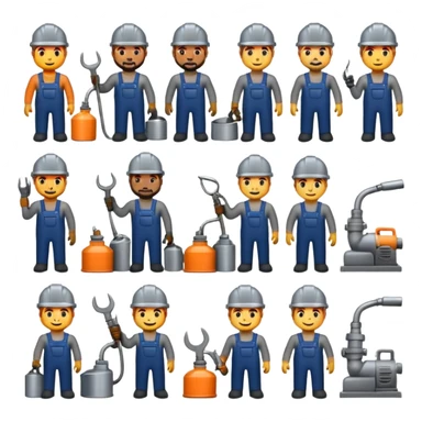Professional custom emojis of industrial workers: welder, grinder, CNC operator, spray painter, metalworker. Modern, clean, slightly 3D style. Industrial color palette: steel gray, navy, orange. Transparent background sticker