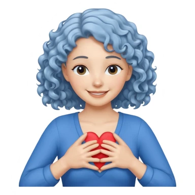 silver, wavy/curly hair chin-length lady giving hug with 2 arms, blue v-neck and smilingm add a heart sticker