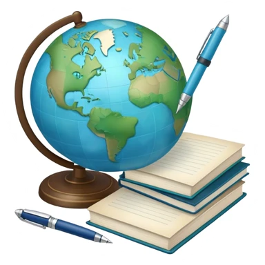 Create an emoji representing language translation. The design should feature just one globe in the background, symbolizing international communication. In front of the globe, place two books or sheets of paper with texs on them and a pen nearby to indicate the act of writing. Use a clean and professional color palette with blues, greens, and neutral tones. Make the background transparent. sticker
