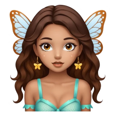 Pretty girl with caramel skin. Dark brown hair and brown eyes. She has freckles. Wearing sexy makeup. Wearing a fairy costume. wearing white fishnet tights on legs and heels sticker