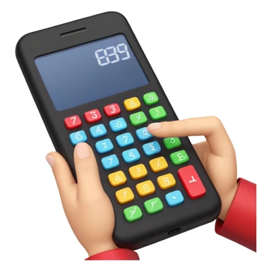 3D iPhone style emoji of a person using a calculator, finger pressing colorful buttons, digital display showing numbers, isolated on white background, soft shadows, high detail, playful and cute. sticker