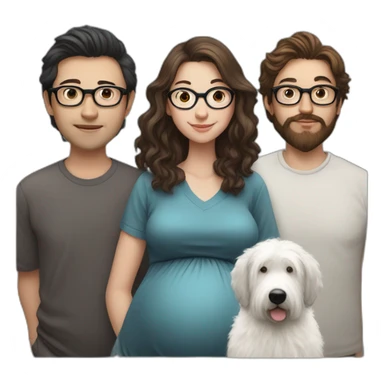 Hyperrealist pregnant girl with half long brown hair with glasses, a boy with long beard, glasses and short hair and english sheepdog sticker