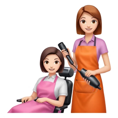 smiling woman client in pink apron sitting in salon chair, female hairstylist smiling behind her with orange apron, holding a hairdryer in right hand sticker
