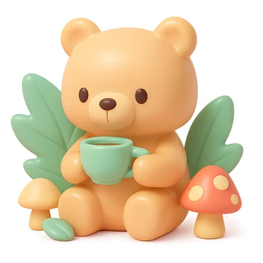 little bear sipping tea in the forest, surrounded by leaves and mushrooms, vinyl figure style sticker