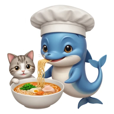 I want a dolphin on top of a cat eating ramen noodles in Japan shibuya sticker