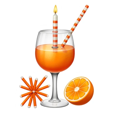 An orange with a horizontal red stripe around the middle. 4 vertical cocktail sticks in the orange with small pieces of candy on the sticks. On top of the orange a small white lit candle. The orange should be a piece of fruit not a drink.  sticker