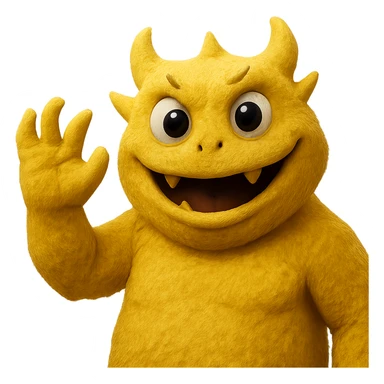Make this yellow athletic mascot look more grown up and cooler, less like a person and more like a monster, keep the soft fuzzy texture and big eyes, waving cheerfully, with no background. Maintain the yellow color and soft fuzzy texture with big eyes, emphasizing a monster-like character waving cheerfully. sticker