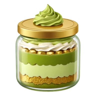 A small round glass jar with a gold lid, filled with layered dessert: creamy white base, green matcha layer in the middle, and a crunchy topping on top.

 sticker