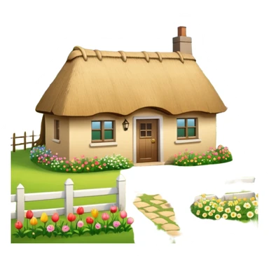A countryside cottage with a thatched roof, wooden door, flowers around the house, green fields, peaceful rural scenery, natural lighting, detailed and realistic sticker