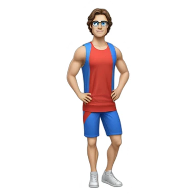 retro 70s blue and red gym clothes for a modern white brunette uni male student with glass sticker