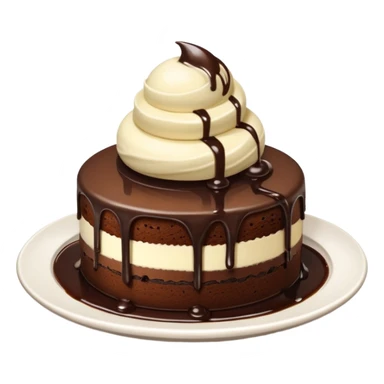 round chocolate cake with vanilla ice cream, chocolate syrup, white plate, cute and appealing, no face emoji style sticker