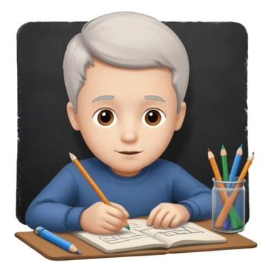 boy ,drawing pic of grandpa on the notebook, characoal sticker