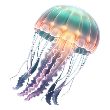 A transparent jellyfish, specifically Aurelia aurita, almost completely see-through. Its body is made of translucent material, glowing softly in dark water, creating a beautiful, ethereal effect. Minimalist, modern design with a glowing, translucent look sticker