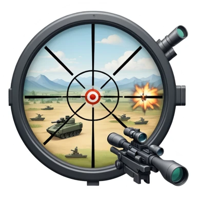 An icon symbolizing first-person shooter games. The design features a circular sniper scope view with crosshairs aimed at a distant target. The background shows a battlefield with soldiers and explosions, capturing the action-packed intensity of FPS games. Transparent background. sticker