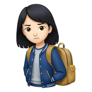 college student with annoyed face , black hair , with navy varsity jacket( initial I)  and  and backpack , girl, long hair,  sticker